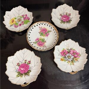 Vintage Floral Leaf-Shaped Porcelain Dish Set (5)